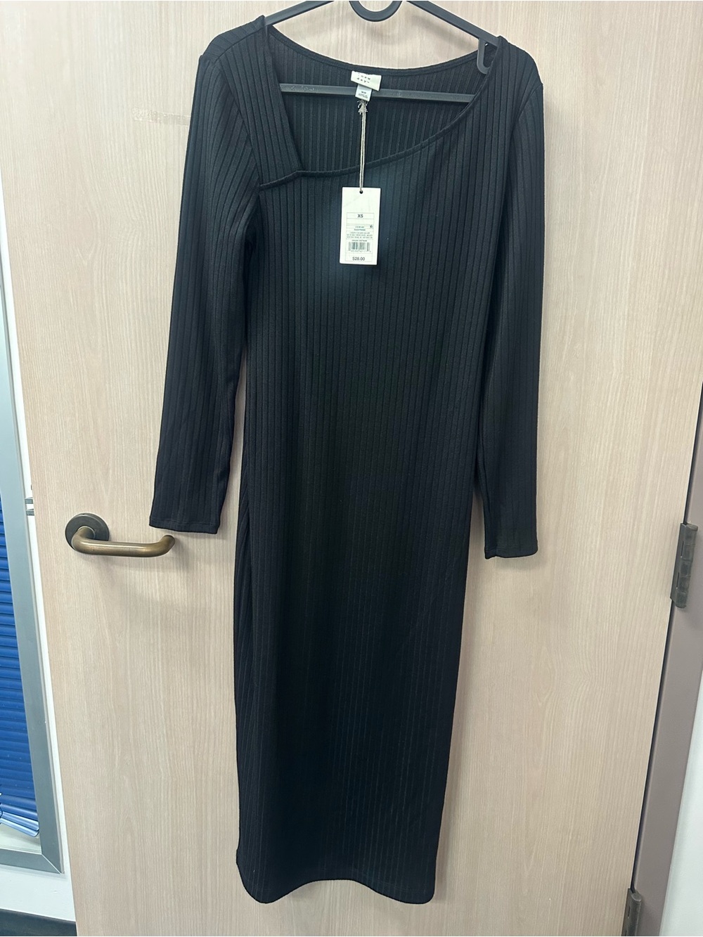 a new day Black Ribbed Square asymmetrical  Neck Long Sleeve Midi Dress